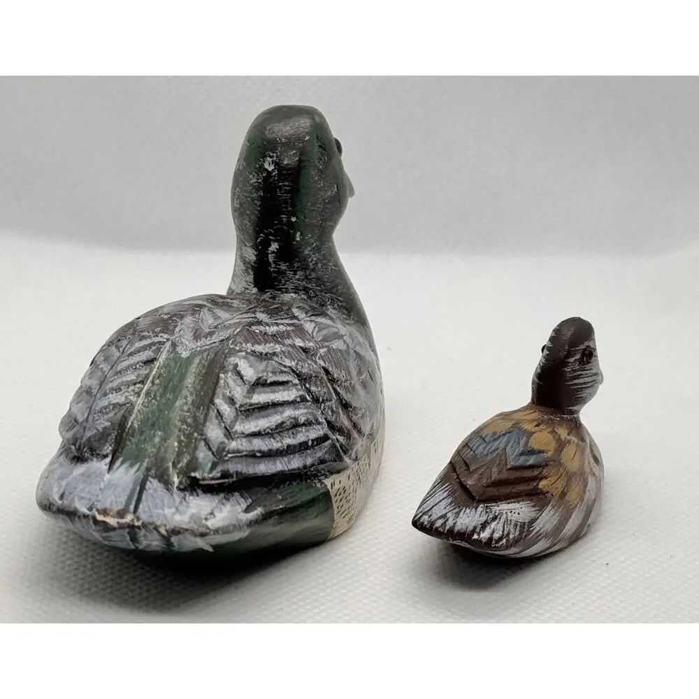Vintage Carved Duck Pair Figurines – Stone Paperweight Duck and Wooden Mini Duck